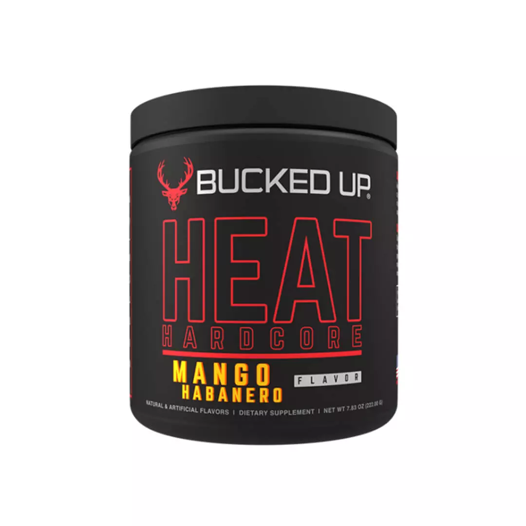 Container of Bucked Up Heat Hardcore. Mango Habanero flavor.